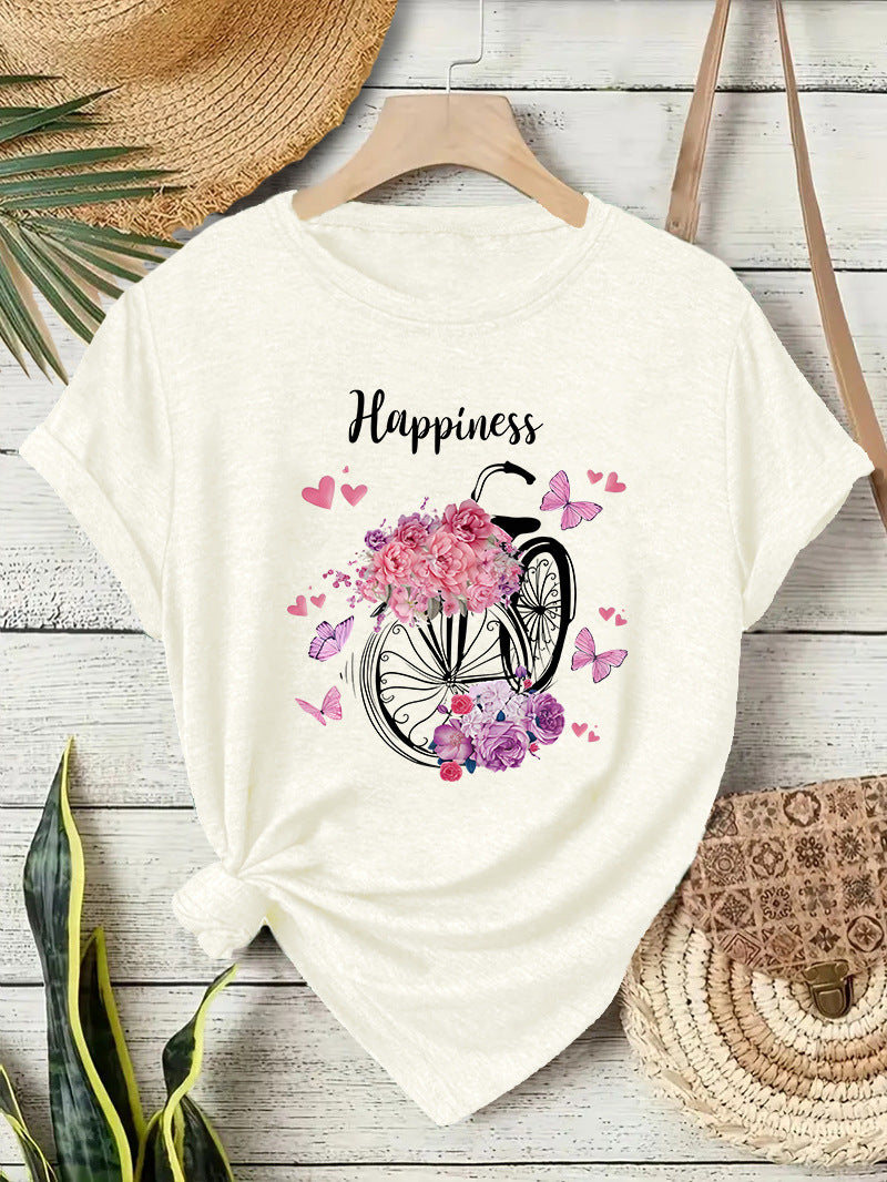 Casual Flowers T-shirt With Short Sleeve In Cotton Featuring Printing