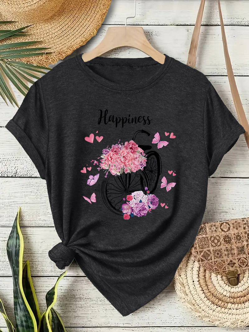 Casual Flowers T-shirt With Short Sleeve In Cotton Featuring Printing