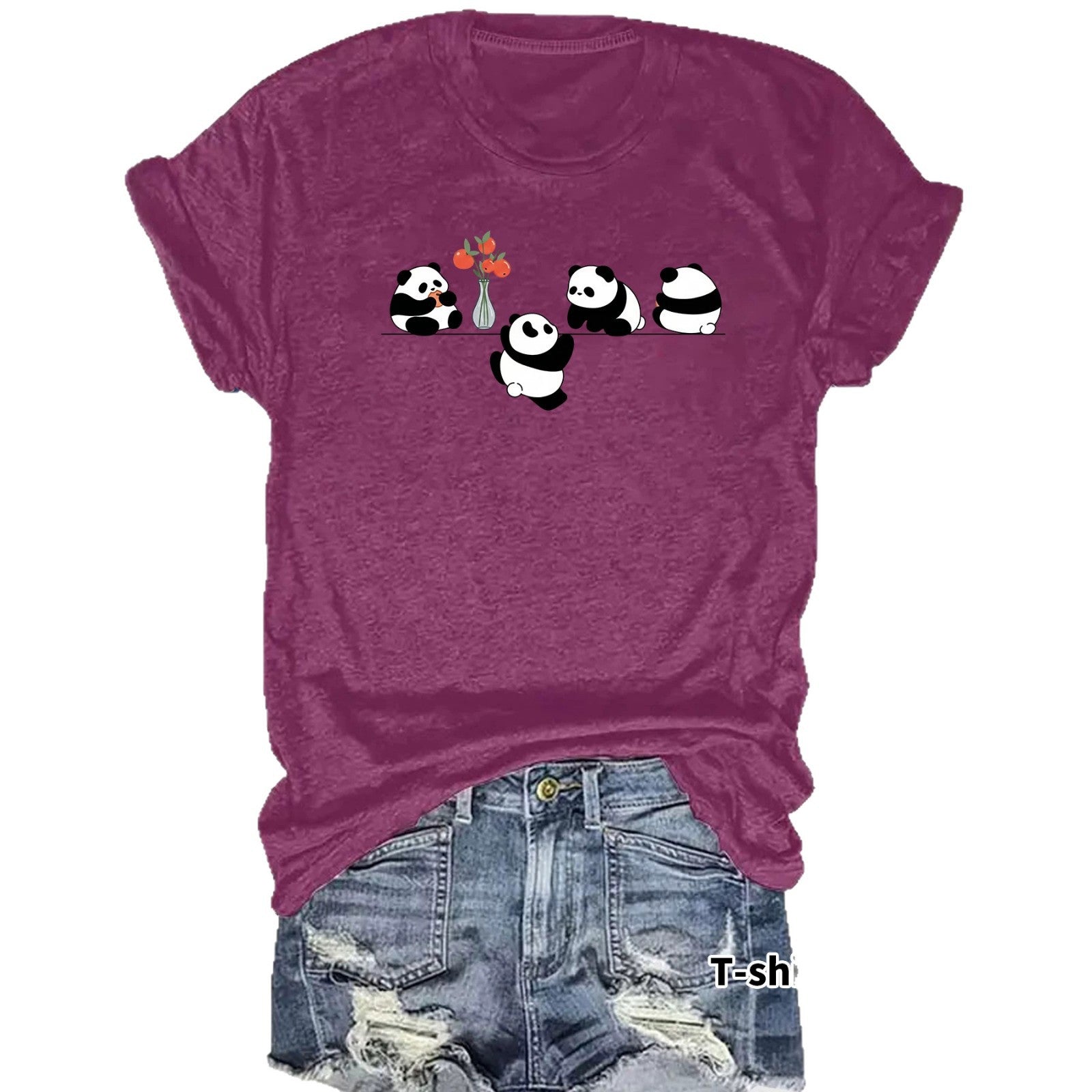 Panda Casual Short Sleeve T-shirt In Cotton Featuring Printing Design