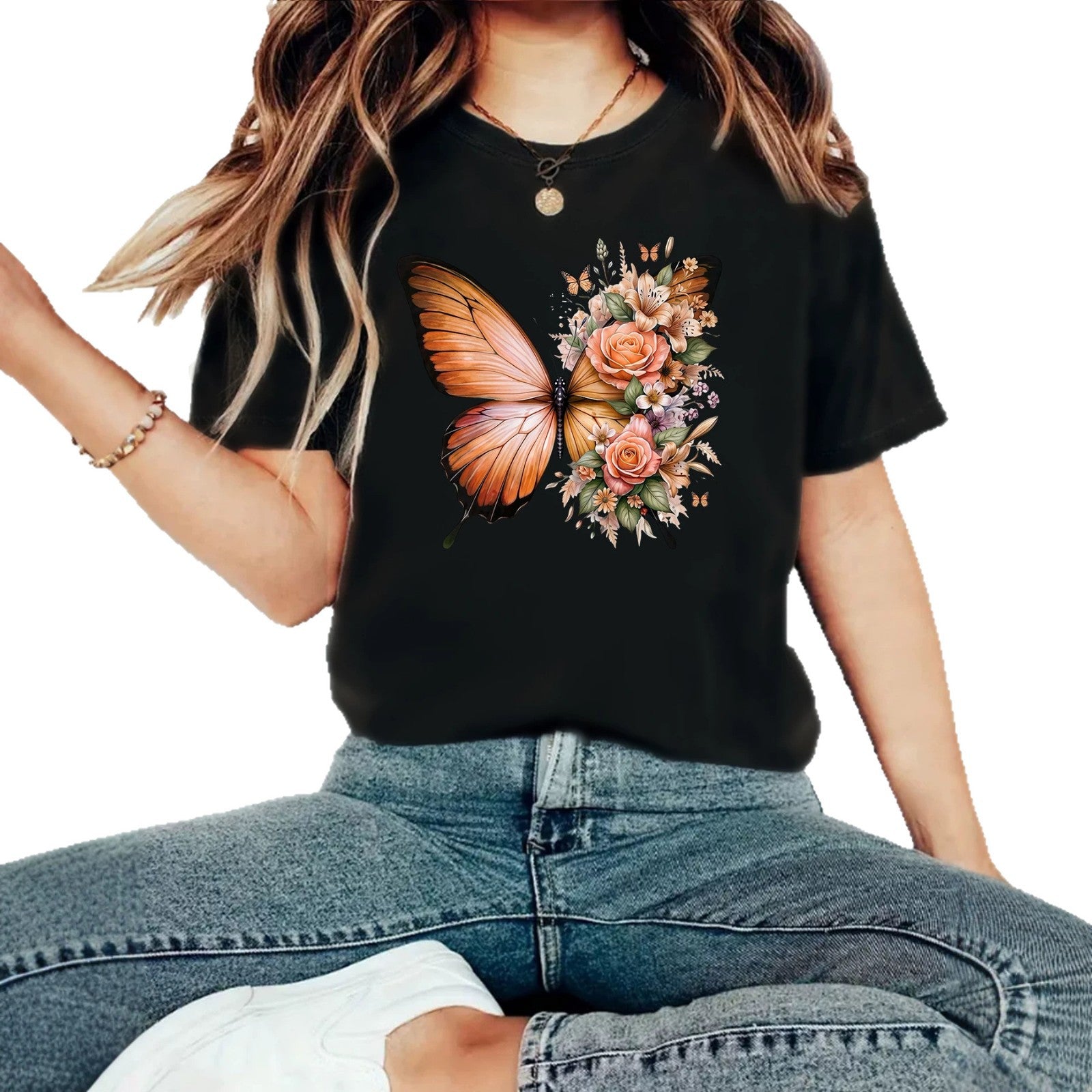 Casual Butterfly T-shirt With Short Sleeve, Cotton Fabric Featuring Printing Design