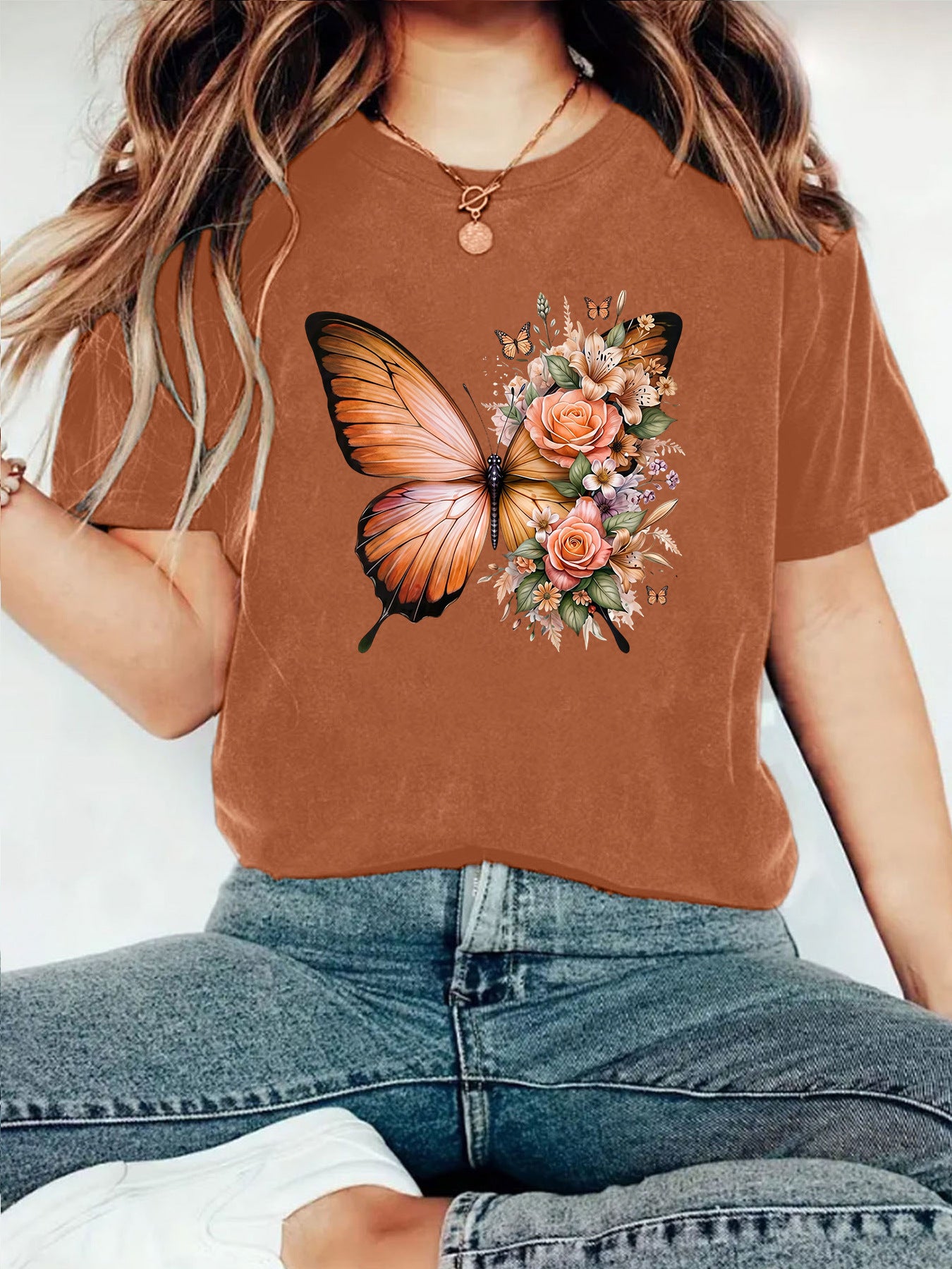 Casual Butterfly T-shirt With Short Sleeve, Cotton Fabric Featuring Printing Design