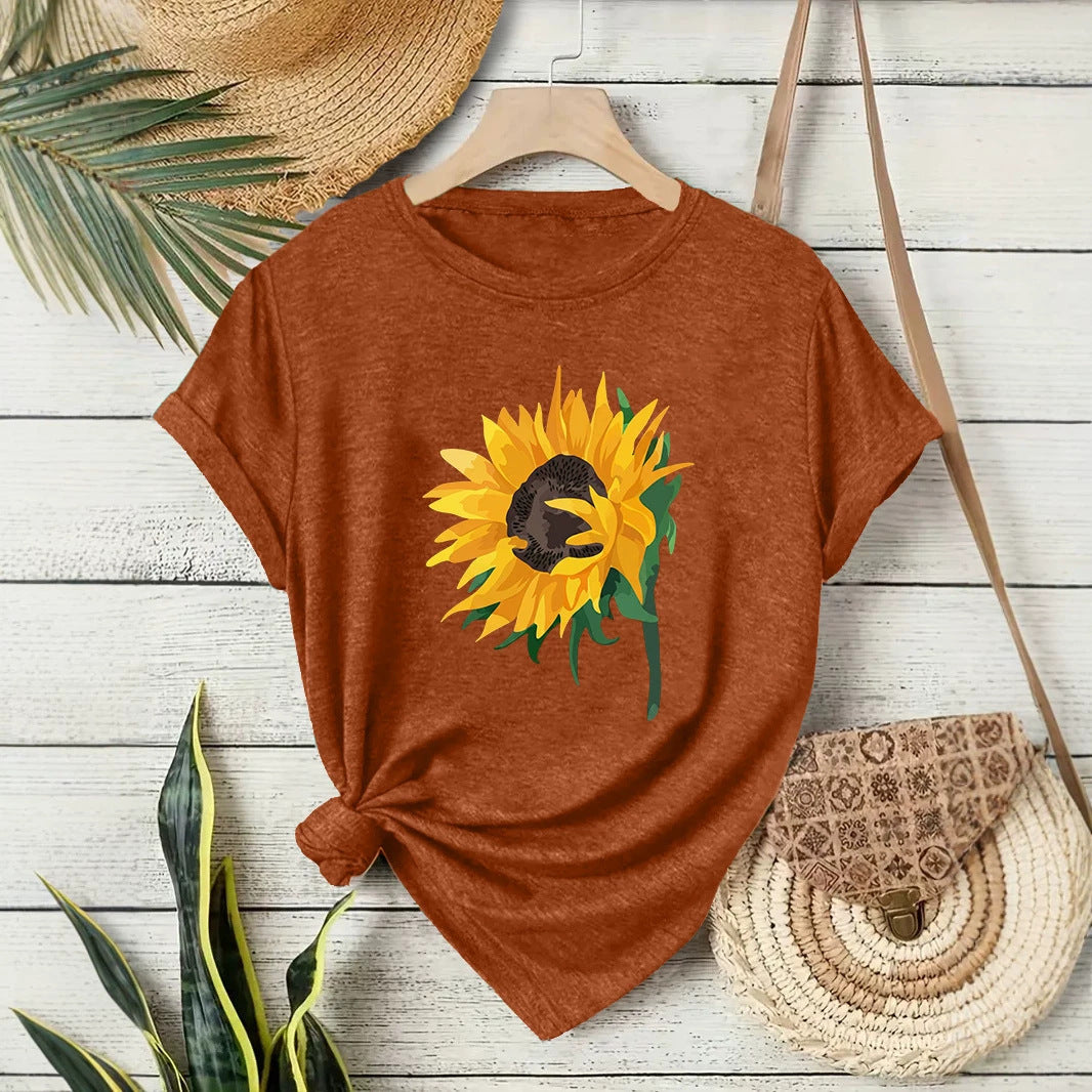Casual Sunflower T-shirt For Women With Short Sleeve, Cotton Fabric Featuring Printing Design