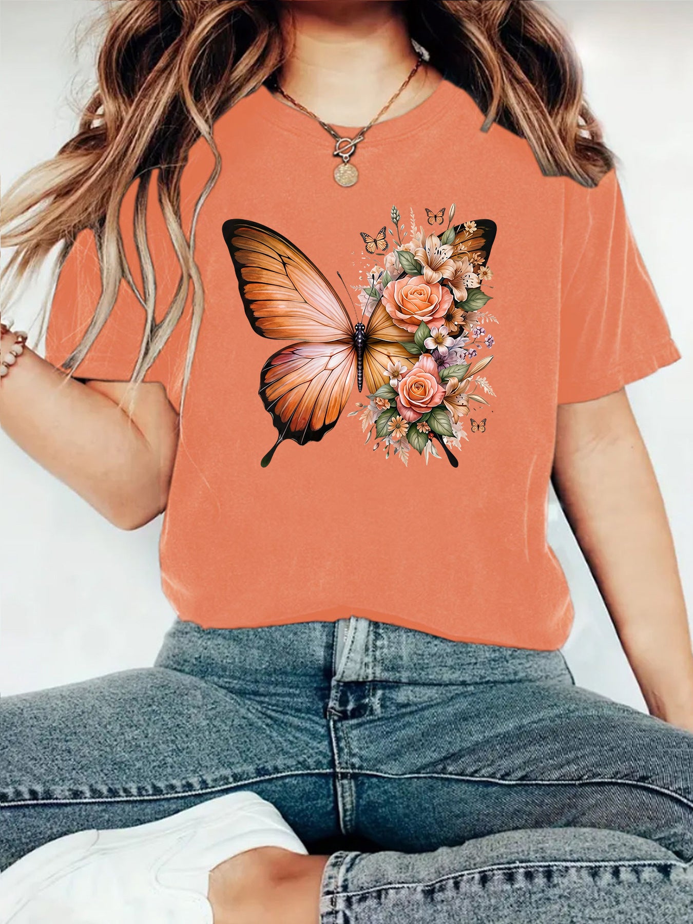 Casual Butterfly T-shirt With Short Sleeve, Cotton Fabric Featuring Printing Design