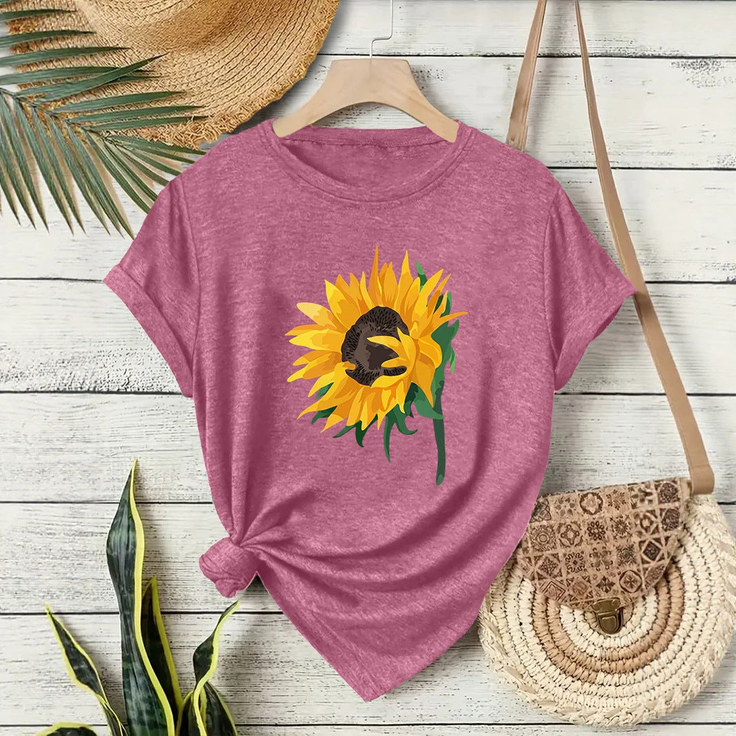 Casual Sunflower T-shirt For Women With Short Sleeve, Cotton Fabric Featuring Printing Design
