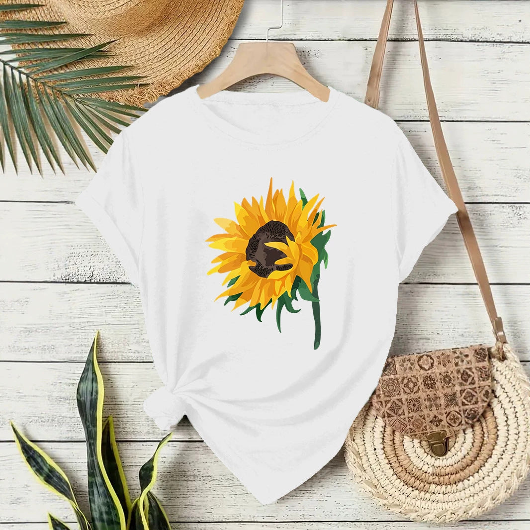 Casual Sunflower T-shirt For Women With Short Sleeve, Cotton Fabric Featuring Printing Design