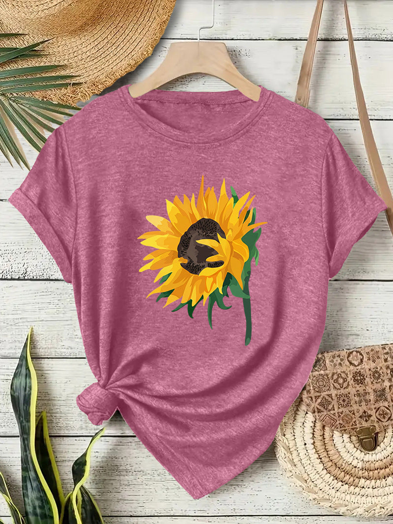 Casual Sunflower T-shirt For Women With Short Sleeve, Cotton Fabric Featuring Printing Design