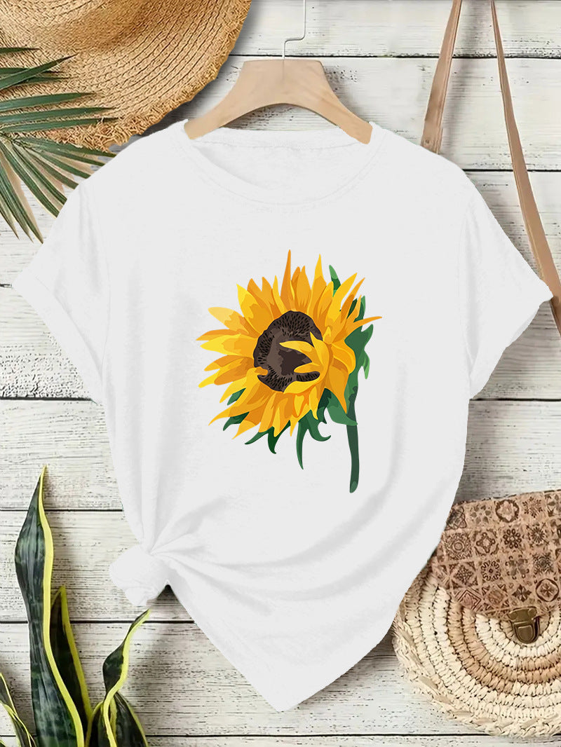 Casual Sunflower T-shirt For Women With Short Sleeve, Cotton Fabric Featuring Printing Design