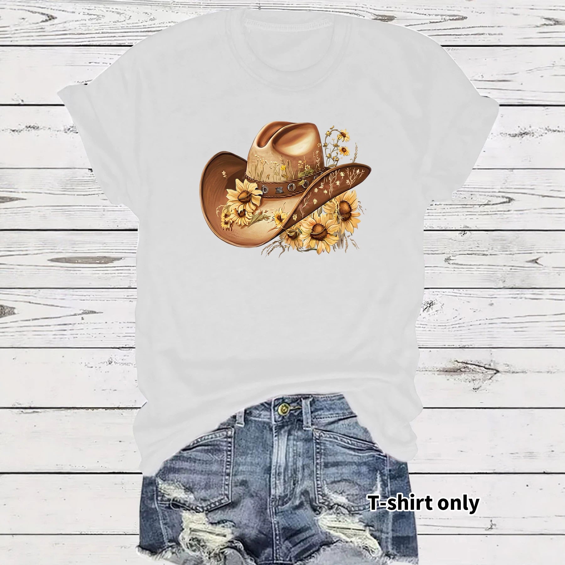 Casual Sunflower T-shirt For Women With Short Sleeve, Cotton Fabric Featuring Printing Design