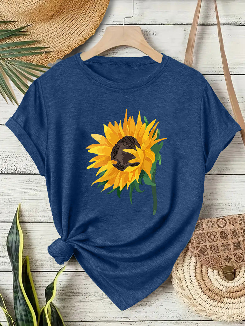 Casual Sunflower T-shirt For Women With Short Sleeve, Cotton Fabric Featuring Printing Design