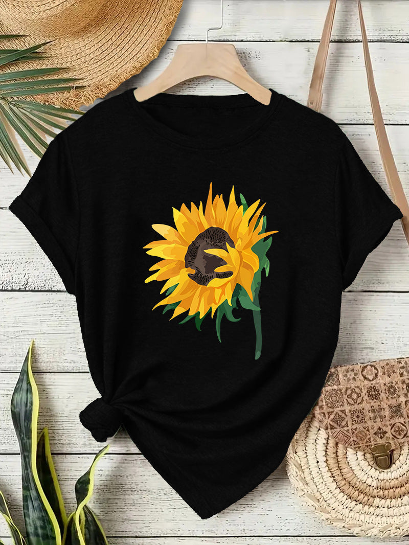 Casual Sunflower T-shirt For Women With Short Sleeve, Cotton Fabric Featuring Printing Design