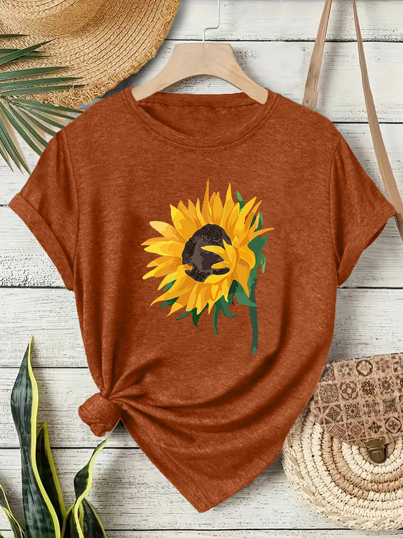 Casual Sunflower T-shirt For Women With Short Sleeve, Cotton Fabric Featuring Printing Design