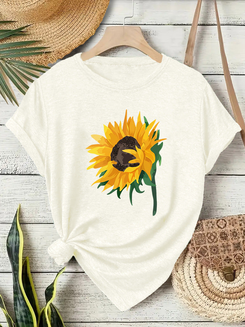 Casual Sunflower T-shirt For Women With Short Sleeve, Cotton Fabric Featuring Printing Design