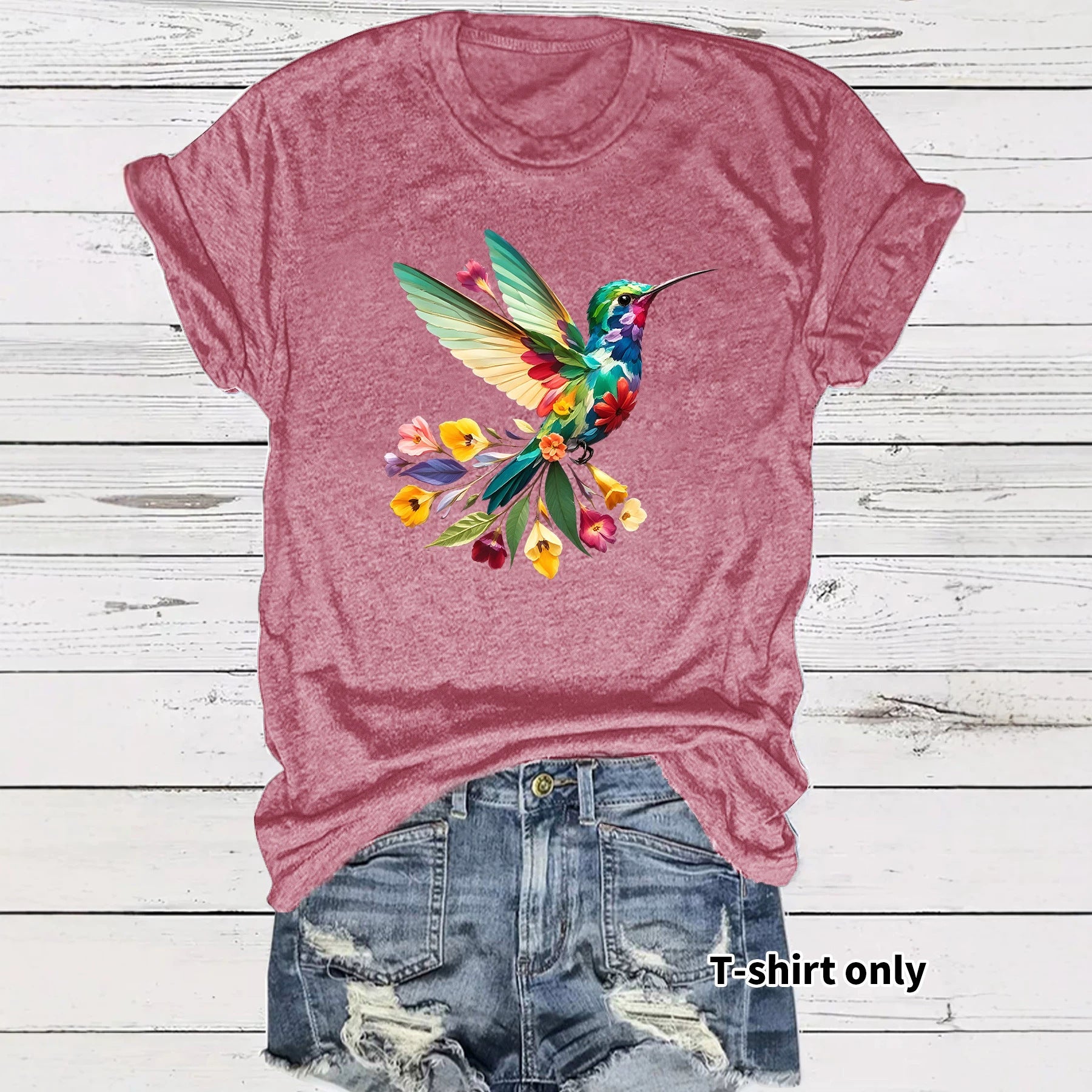 Hummingbird Casual Short Sleeve T-shirt In Cotton With Printing
