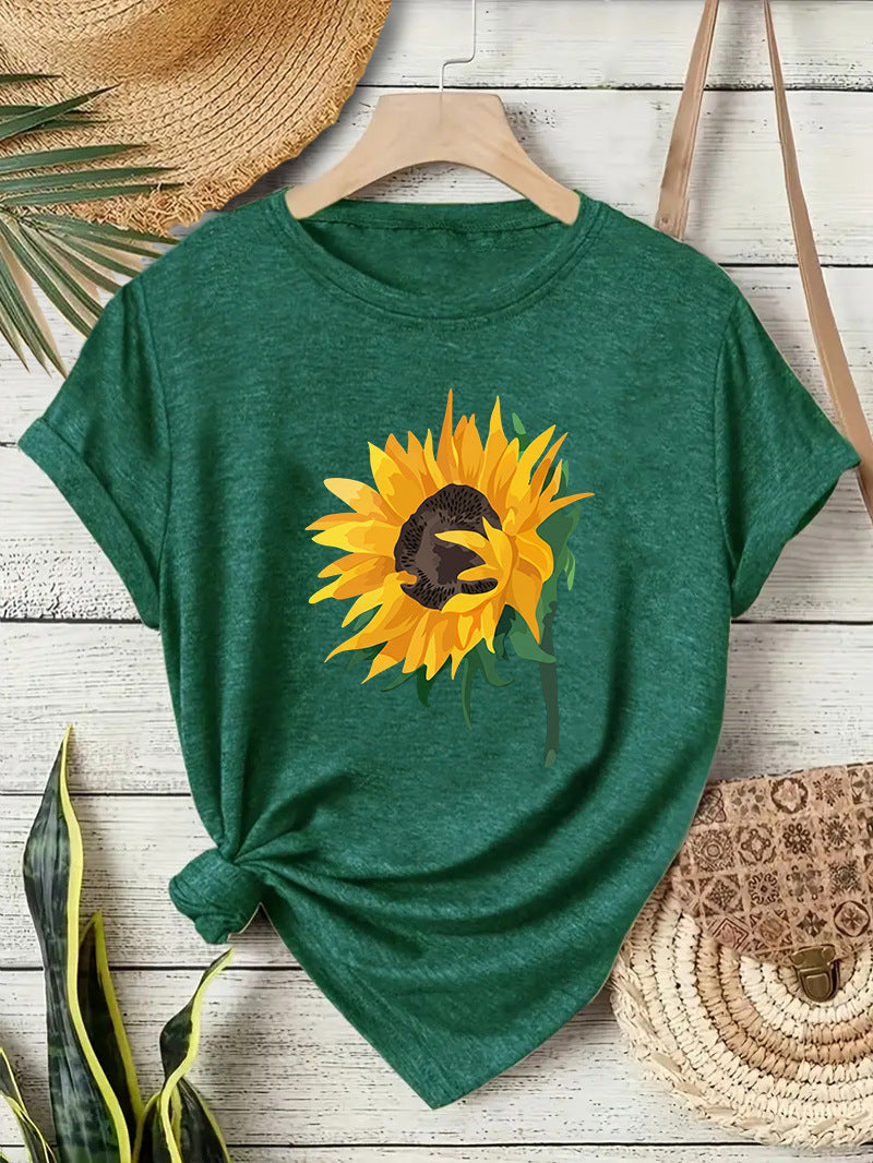 Casual Sunflower T-shirt For Women With Short Sleeve, Cotton Fabric Featuring Printing Design
