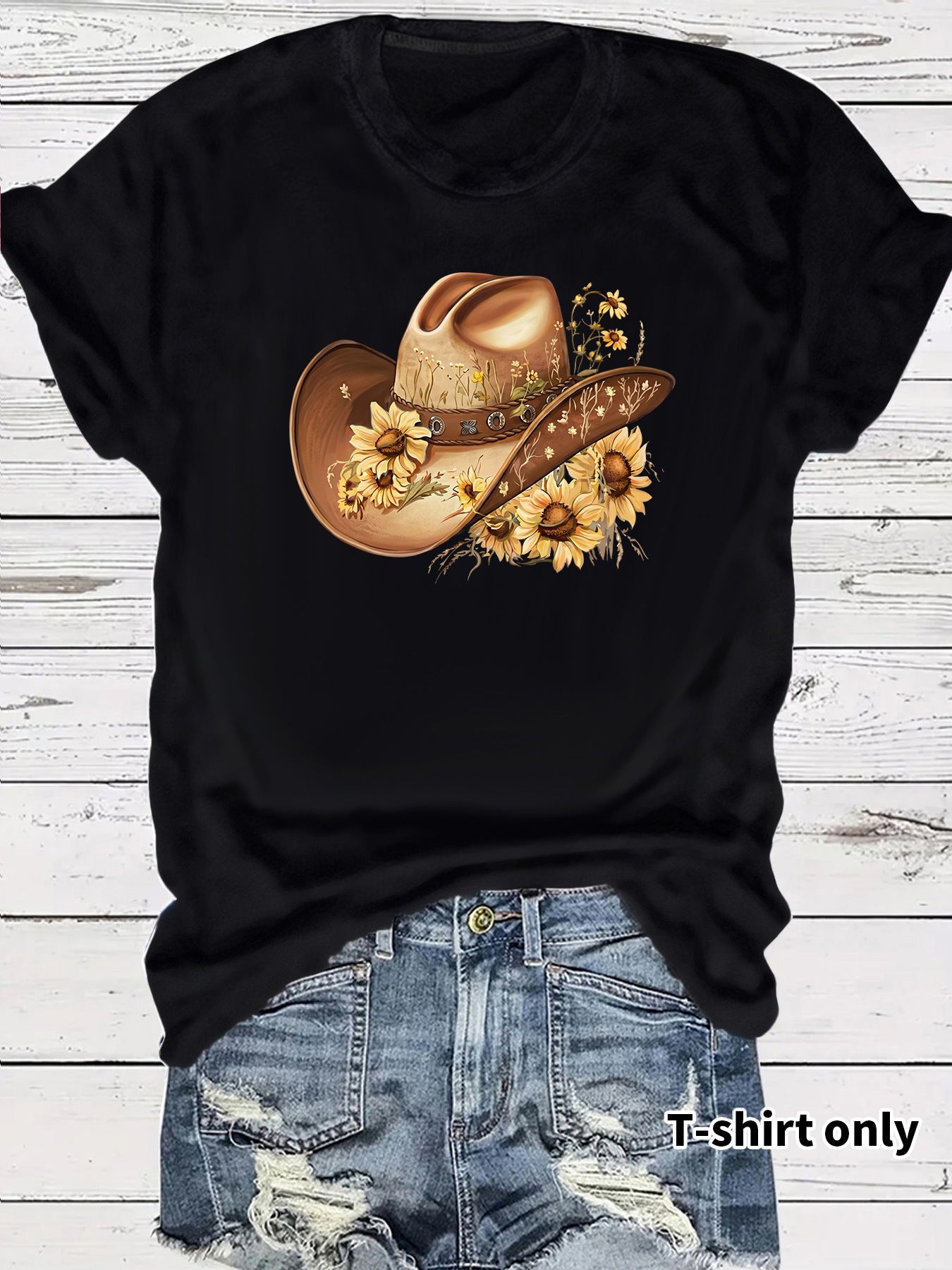 Casual Sunflower T-shirt For Women With Short Sleeve, Cotton Fabric Featuring Printing Design
