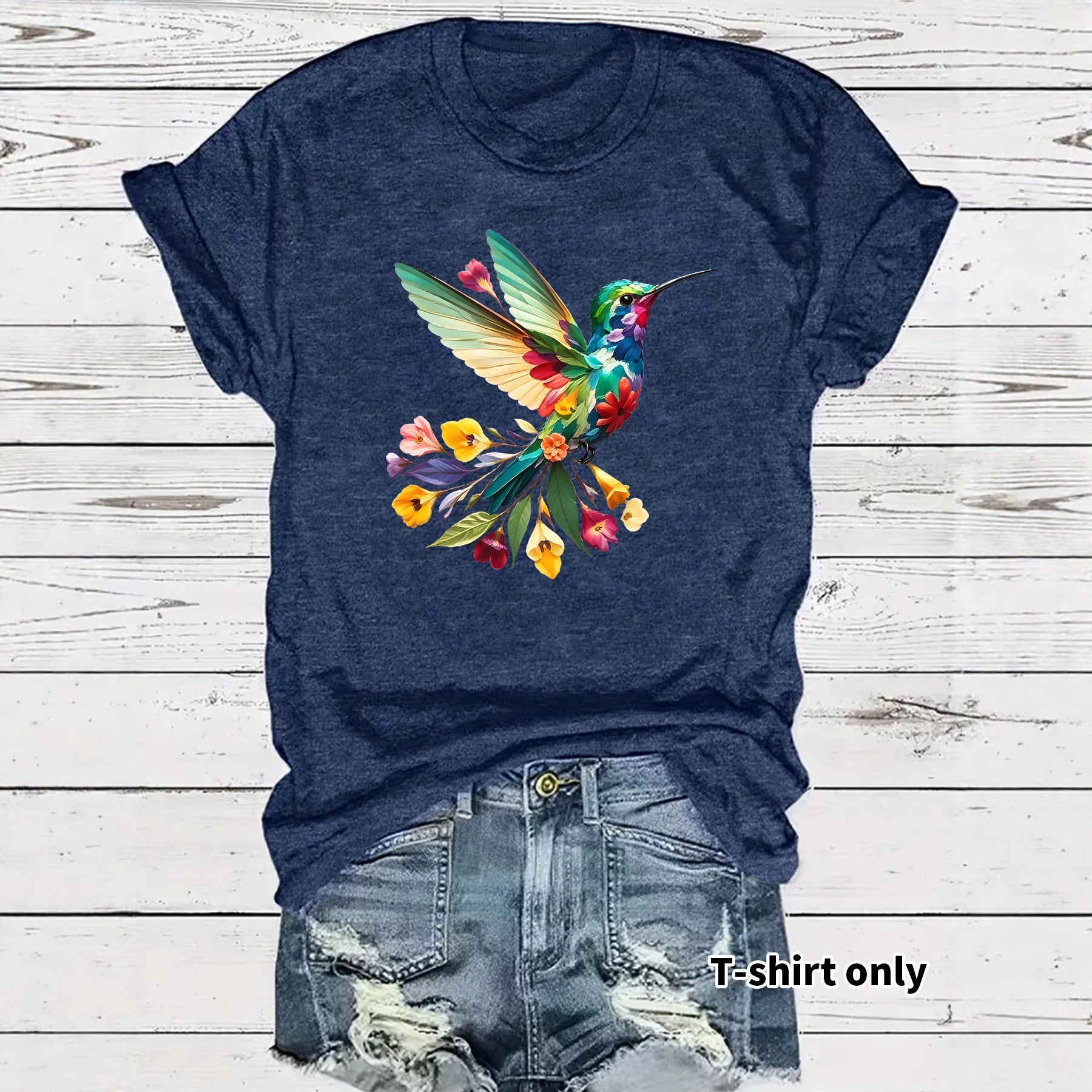 Hummingbird Casual Short Sleeve T-shirt In Cotton With Printing