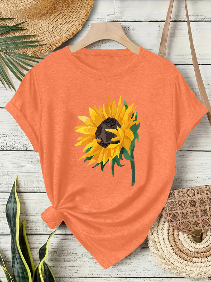 Casual Sunflower T-shirt For Women With Short Sleeve, Cotton Fabric Featuring Printing Design