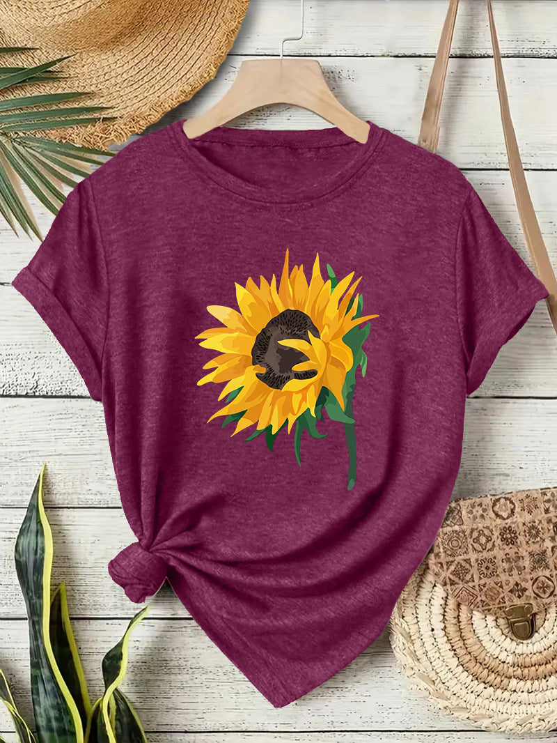 Casual Sunflower T-shirt For Women With Short Sleeve, Cotton Fabric Featuring Printing Design
