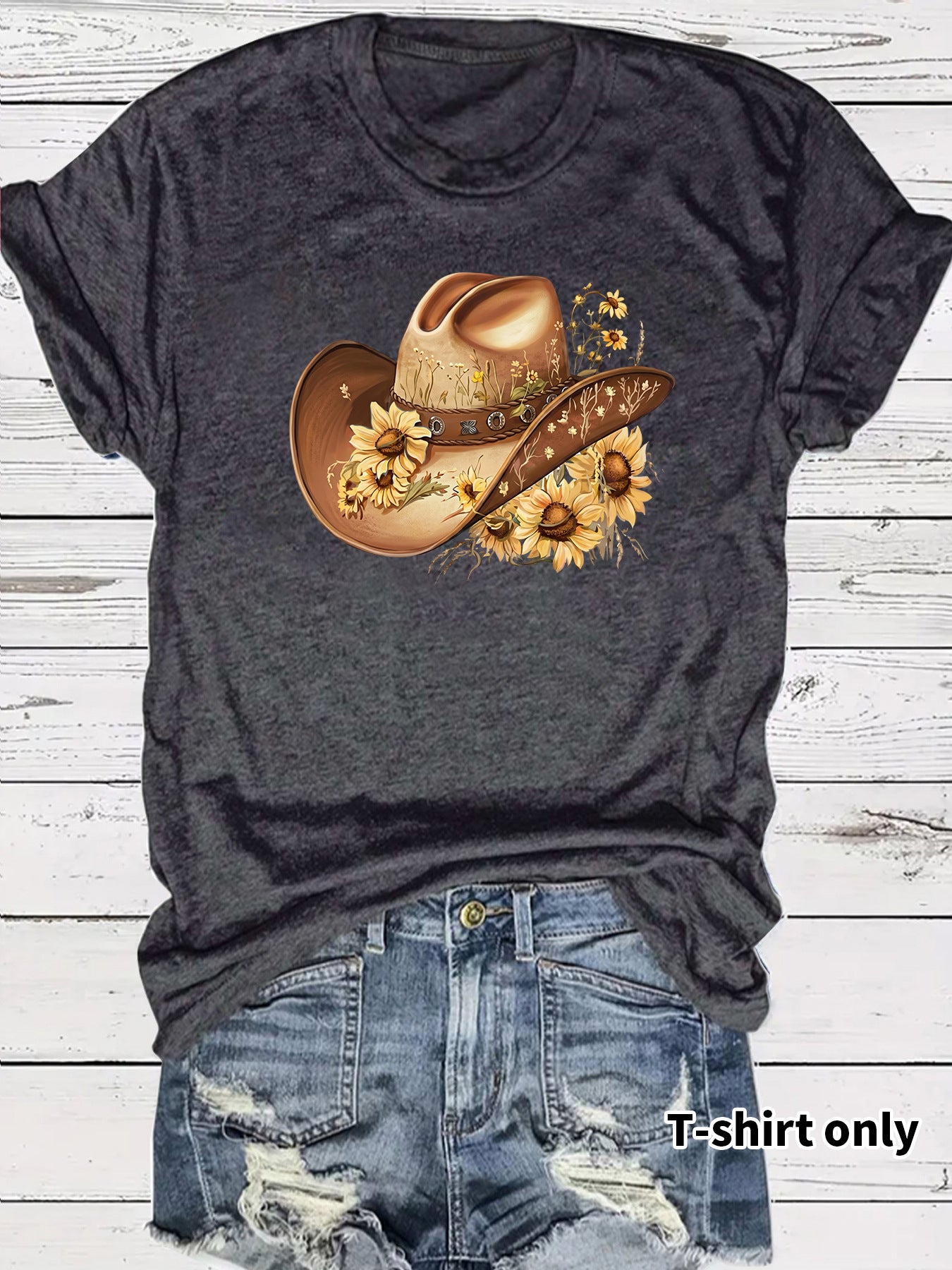 Casual Sunflower T-shirt For Women With Short Sleeve, Cotton Fabric Featuring Printing Design