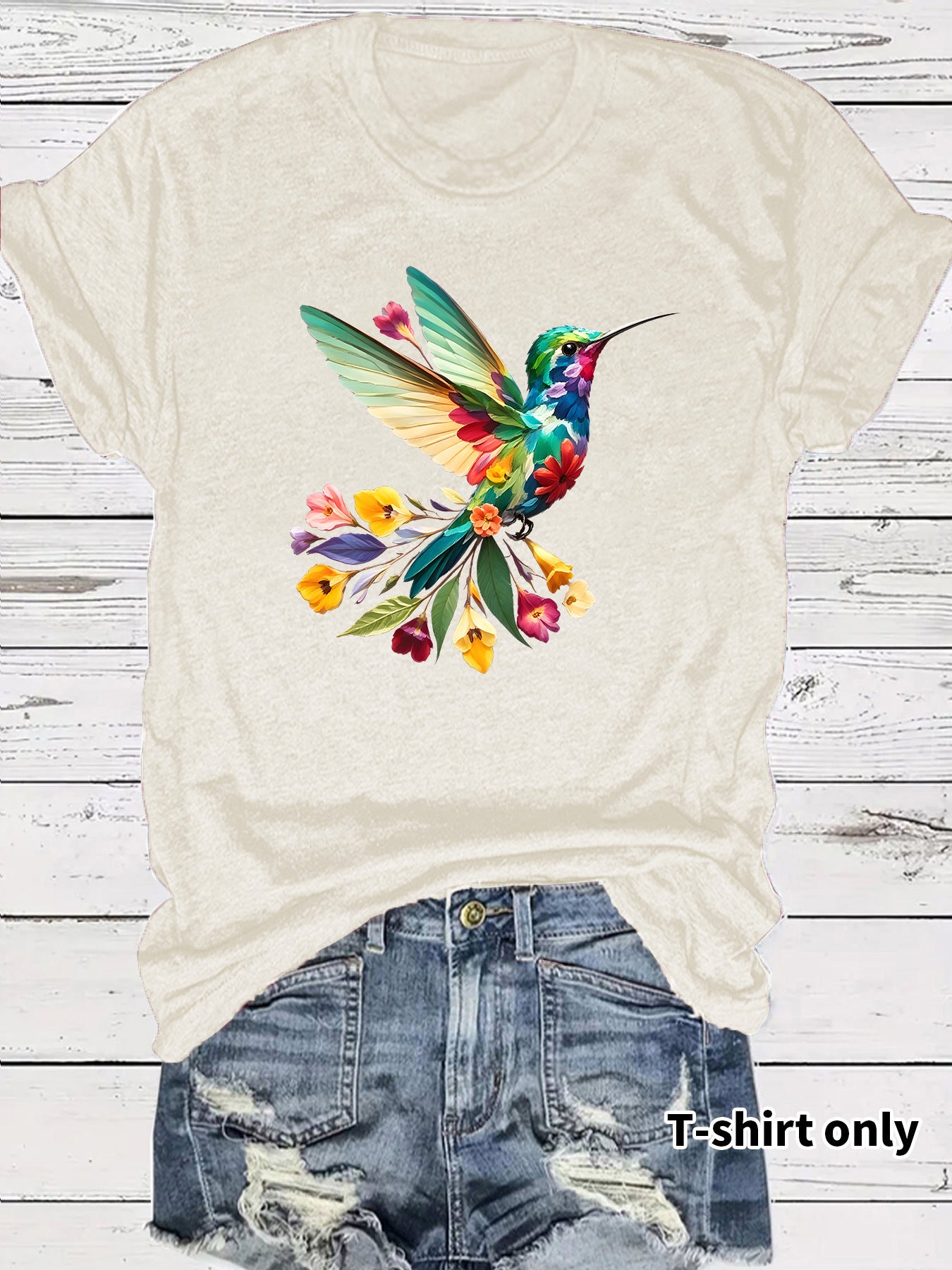 Hummingbird Casual Short Sleeve T-shirt In Cotton With Printing