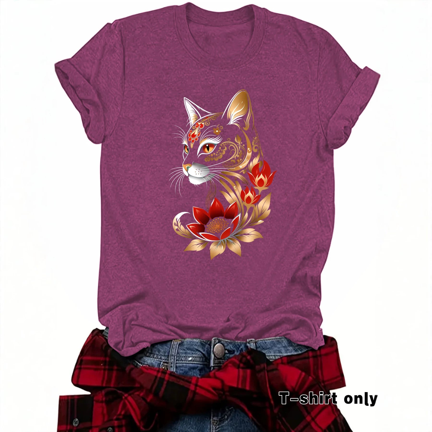 Casual Flowers Short Sleeve T-shirt For Women Featuring Printing And Pullover Design