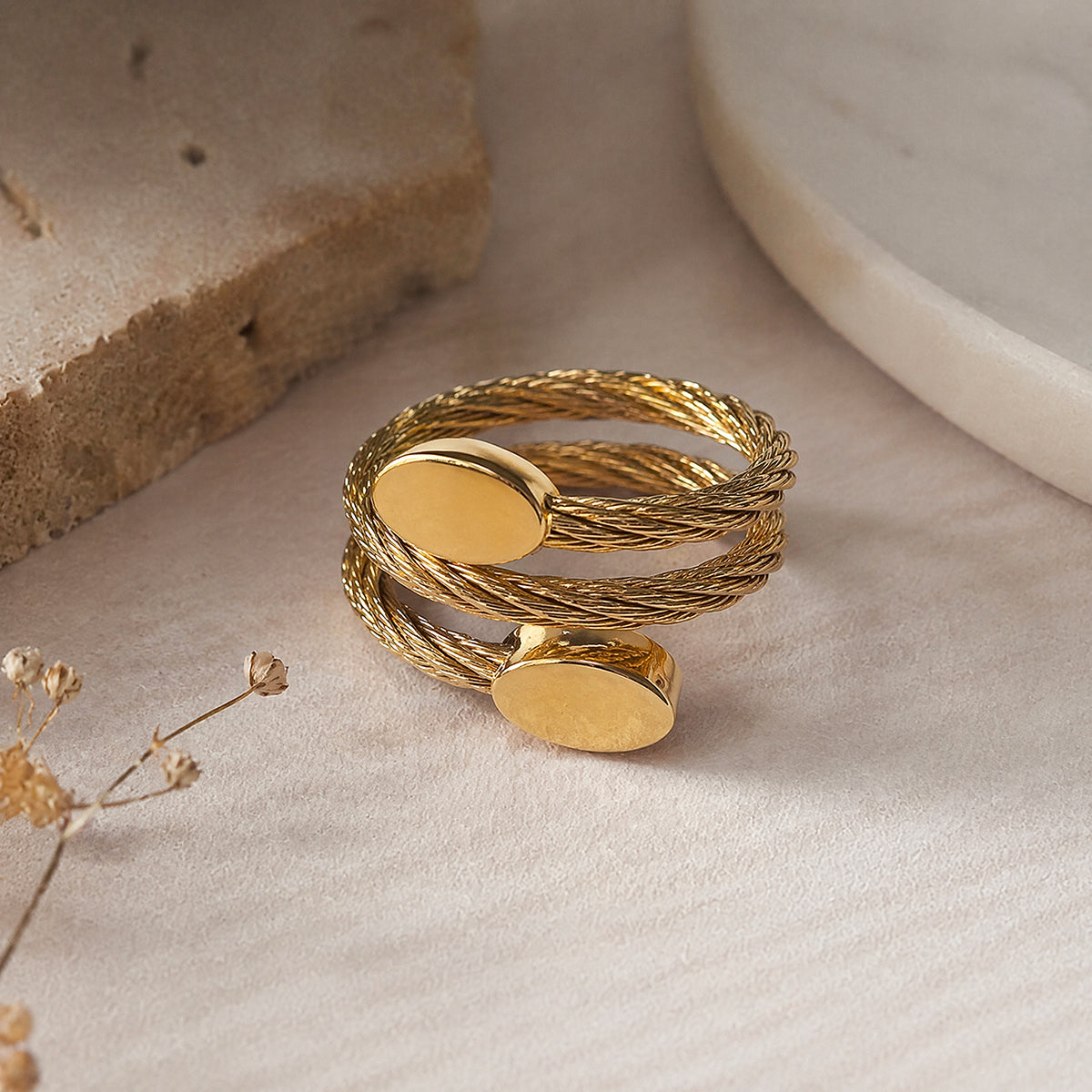 Geometric Rings For Adults In Rose Gold, Waterproof Titanium Steel With 18K Gold Plated Finish And Diamond Inlay