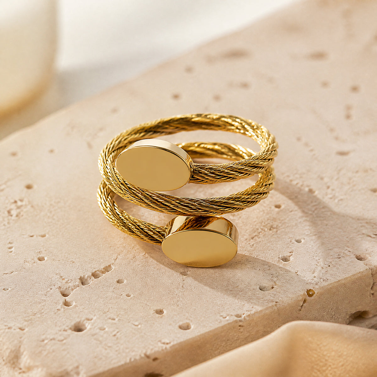 Geometric Rings For Adults In Rose Gold, Waterproof Titanium Steel With 18K Gold Plated Finish And Diamond Inlay