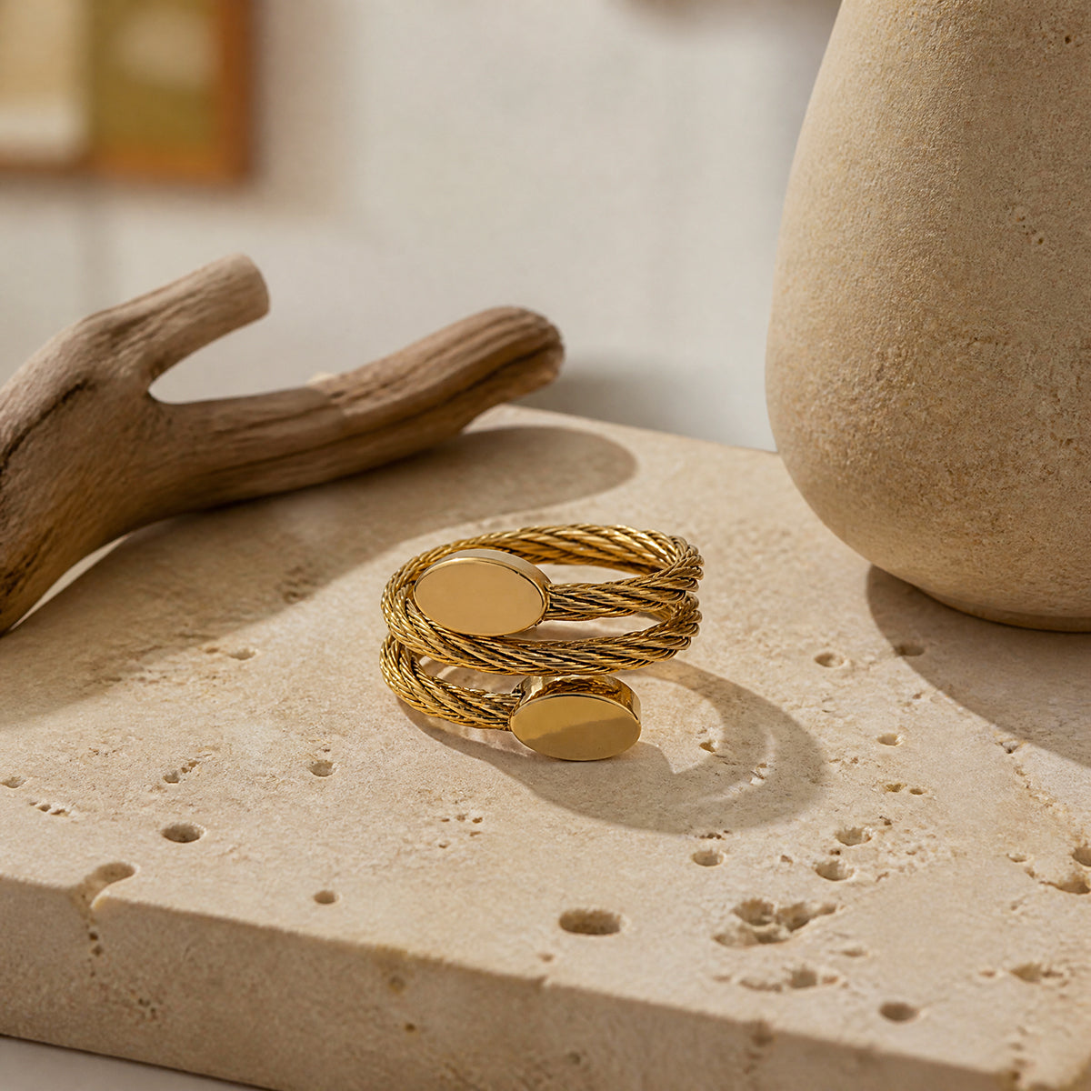 Geometric Rings For Adults In Rose Gold, Waterproof Titanium Steel With 18K Gold Plated Finish And Diamond Inlay