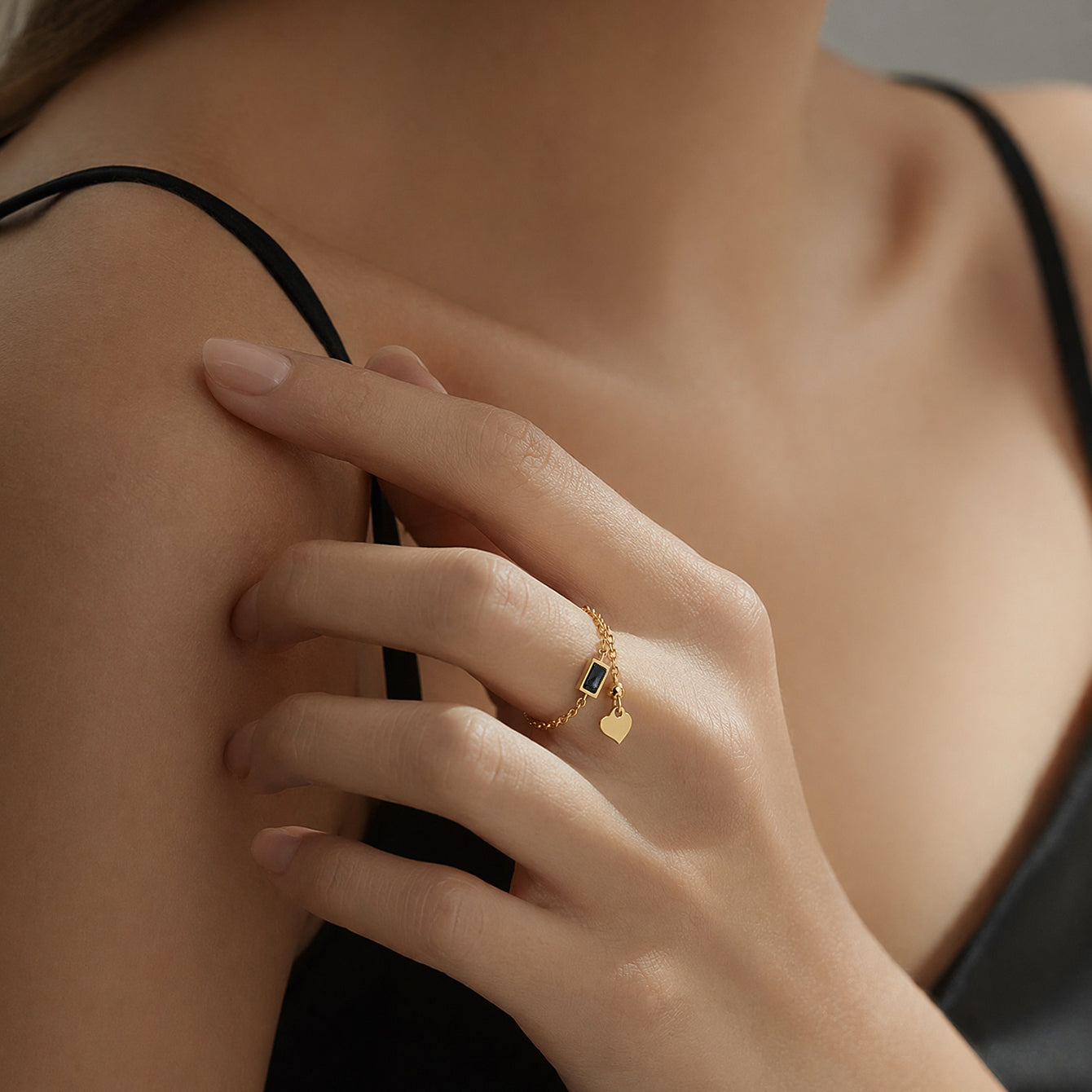 Adjustable Rectangle Ring For Women In 304 Stainless Steel With 18K Real Gold Plated PVD Coating And Glass Inlay, Hypoallergenic
