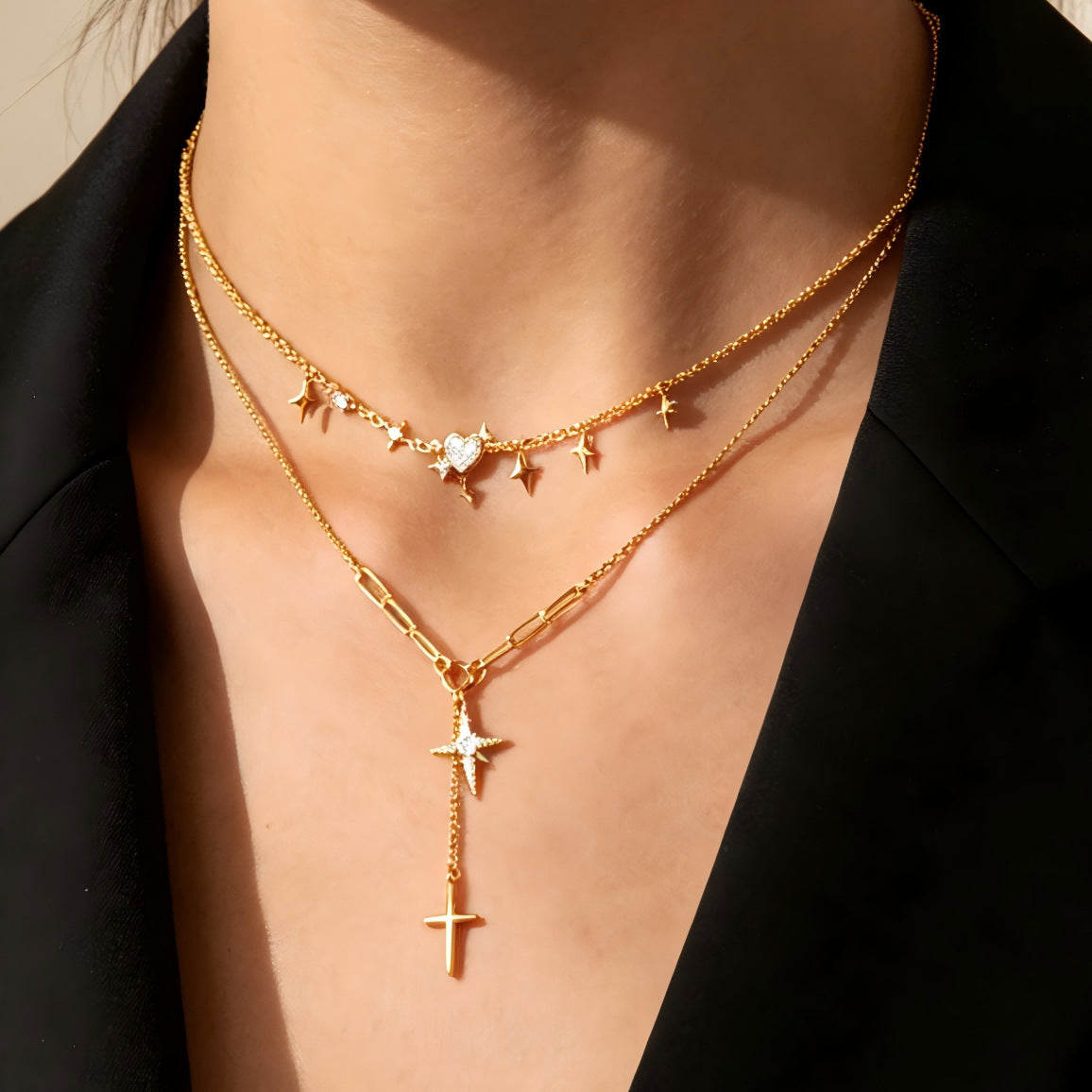 Heart Shape Double Layer Necklace For Women In Simple Style, Electroplated Alloy With Rhinestones And Paperclip Chain