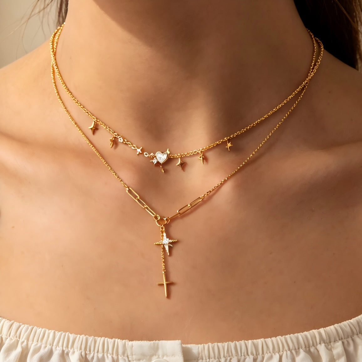 Heart Shape Double Layer Necklace For Women In Simple Style, Electroplated Alloy With Rhinestones And Paperclip Chain