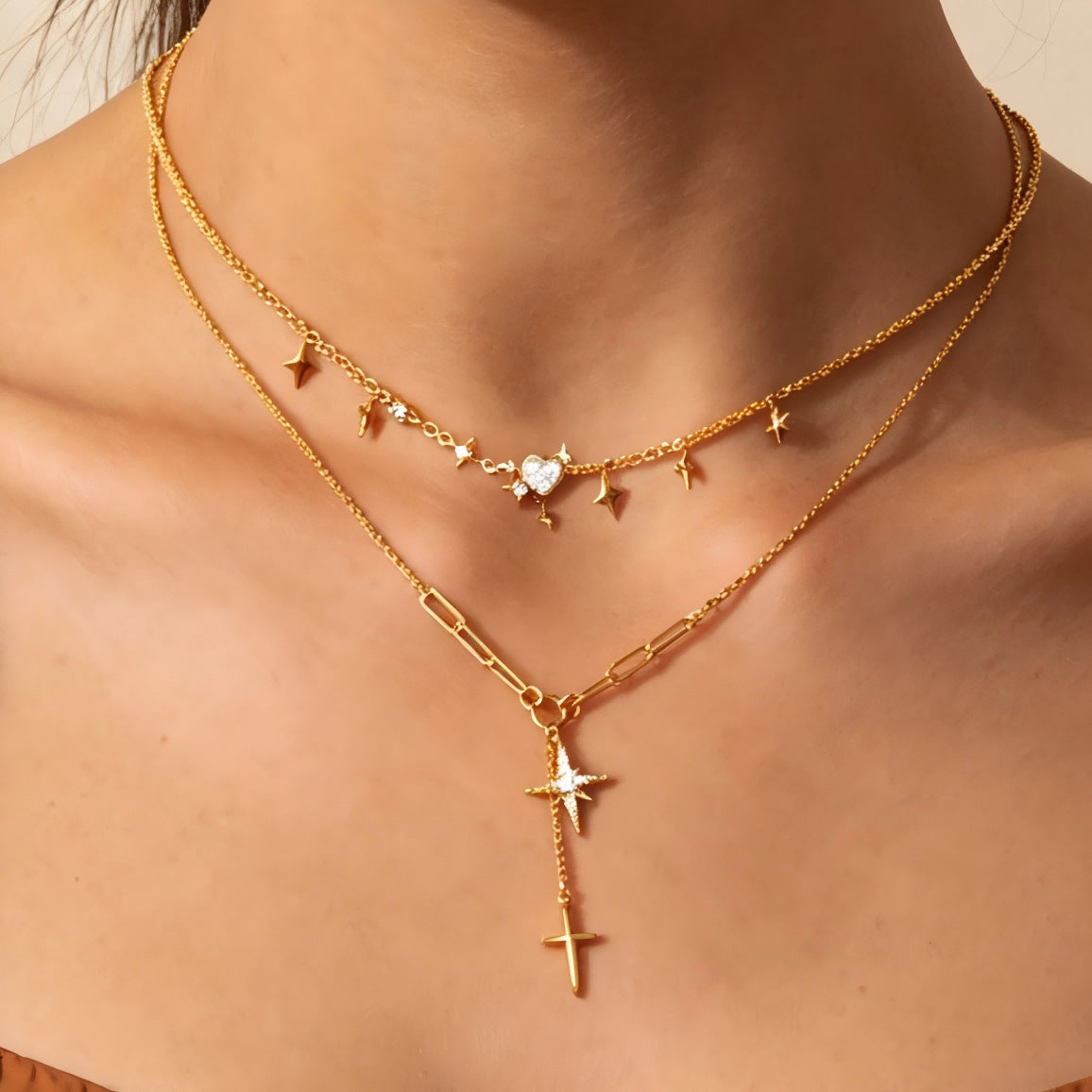Heart Shape Double Layer Necklace For Women In Simple Style, Electroplated Alloy With Rhinestones And Paperclip Chain