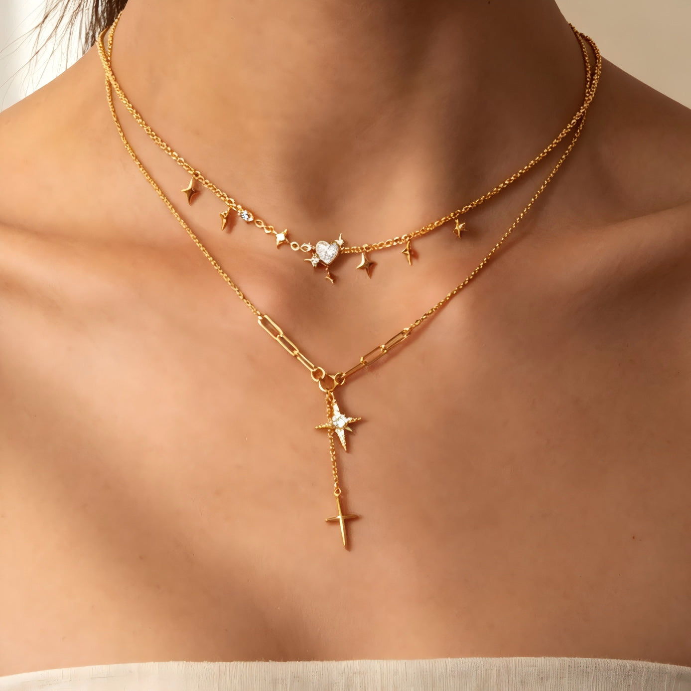 Heart Shape Double Layer Necklace For Women In Simple Style, Electroplated Alloy With Rhinestones And Paperclip Chain