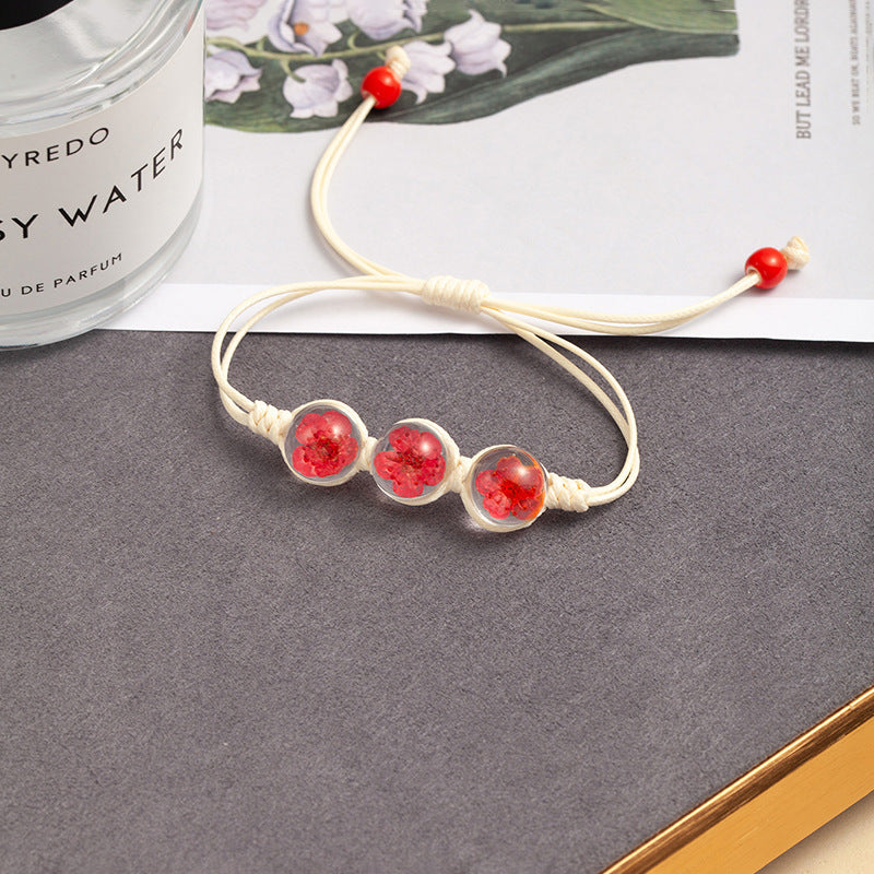 Sweet Style Dried Flowers Braid Bracelets For Women With Glass Pendant Featuring Rope Material