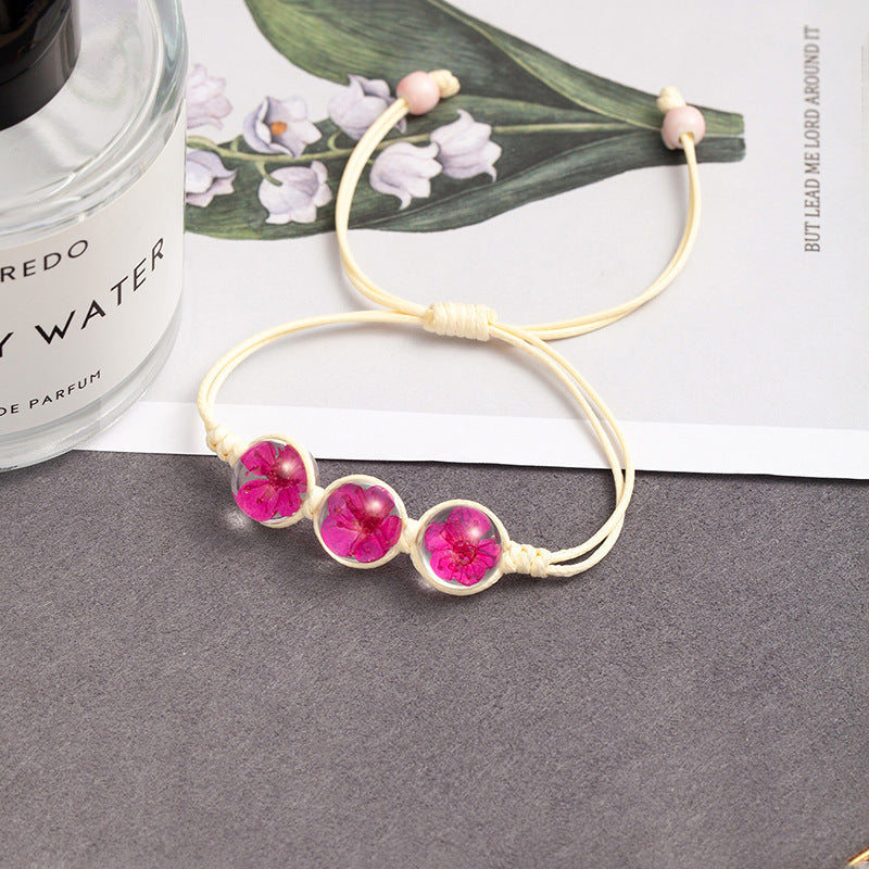 Sweet Style Dried Flowers Braid Bracelets For Women With Glass Pendant Featuring Rope Material
