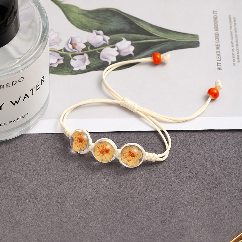 Sweet Style Dried Flowers Braid Bracelets For Women With Glass Pendant Featuring Rope Material