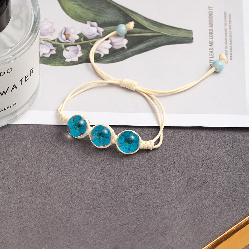 Sweet Style Dried Flowers Braid Bracelets For Women With Glass Pendant Featuring Rope Material
