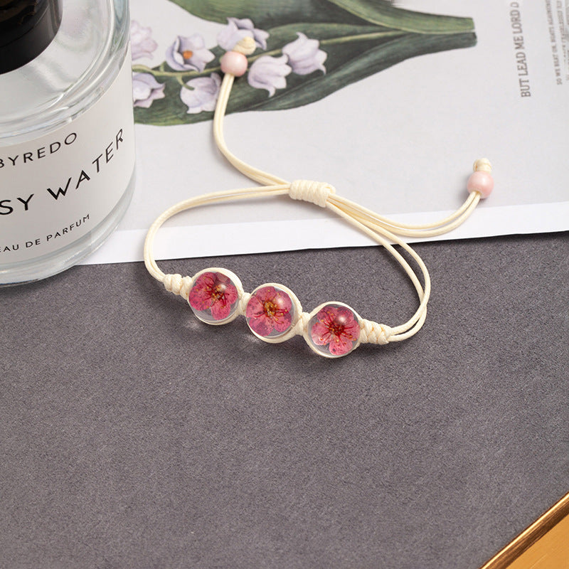 Sweet Style Dried Flowers Braid Bracelets For Women With Glass Pendant Featuring Rope Material