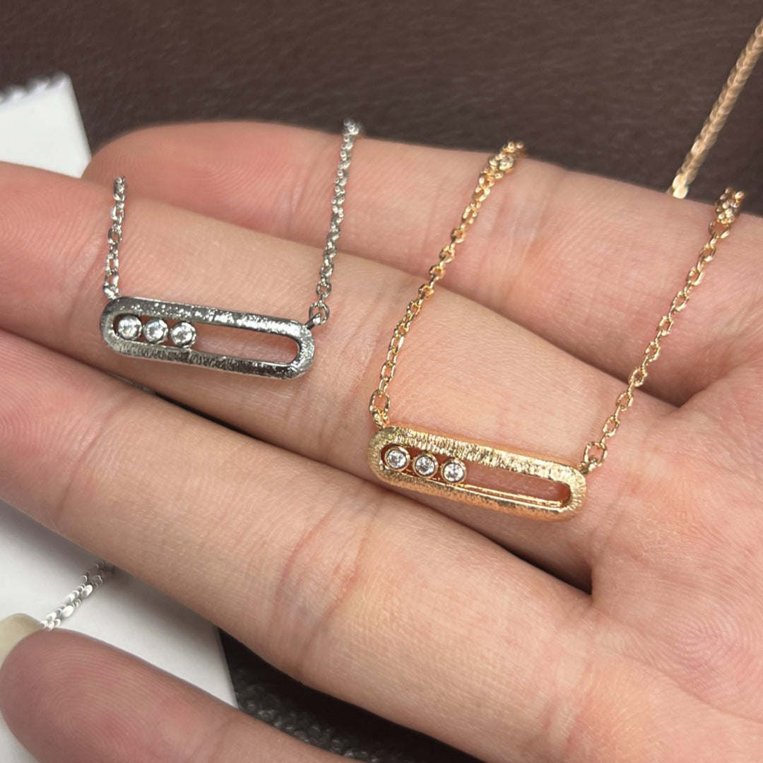 Brushed Rose Gold Paper Clip Necklace For Women In Copper With Zircon Inlay And Paperclip Chain