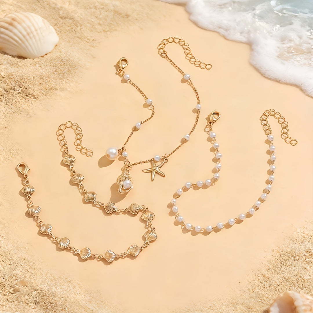 Luxurious Gold Alloy Anklet For Women With Shell Pattern Inlay, Elegant Foot Jewelry Accessory
