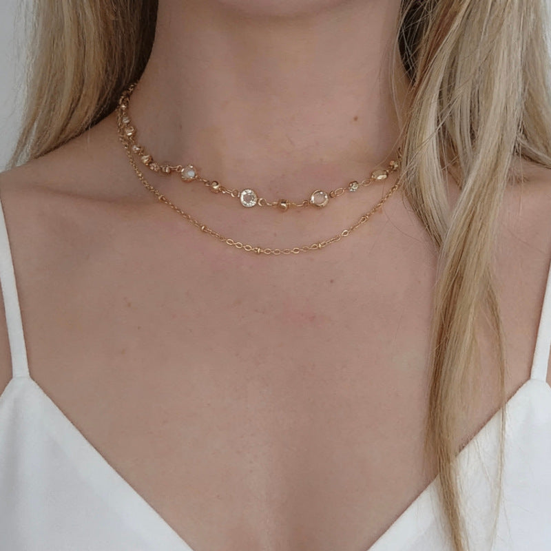 Gold Layered Necklaces For Women Featuring Copper Chain Material With Electroplated Finish And Rhinestone Inlay