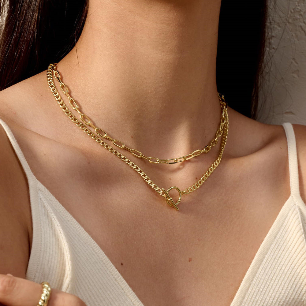 Hip-Hop Layered Paper Clip Necklaces For Women Featuring KC Golden Plated Zinc Alloy Pendants With Paperclip Chain
