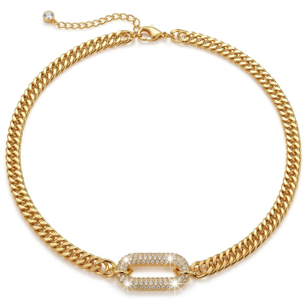 Exaggerated Paper Clip Necklace For Unisex Featuring 304 Stainless Steel With Rhinestones On A Paperclip Chain