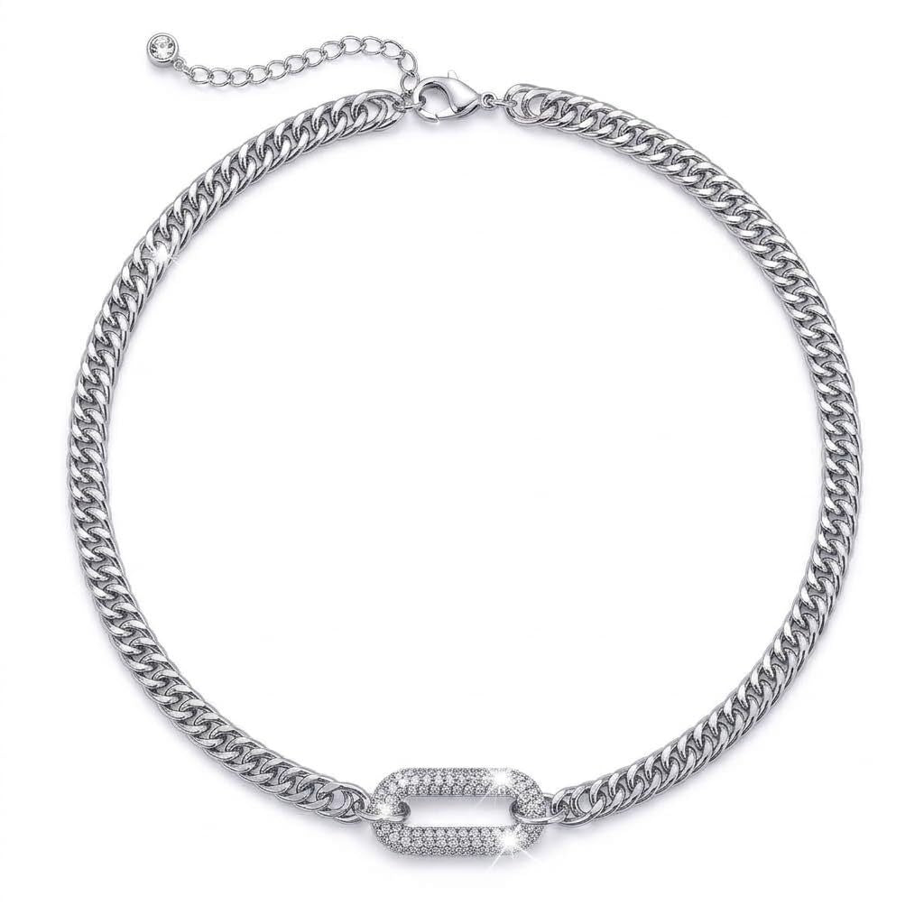 Exaggerated Paper Clip Necklace For Unisex Featuring 304 Stainless Steel With Rhinestones On A Paperclip Chain
