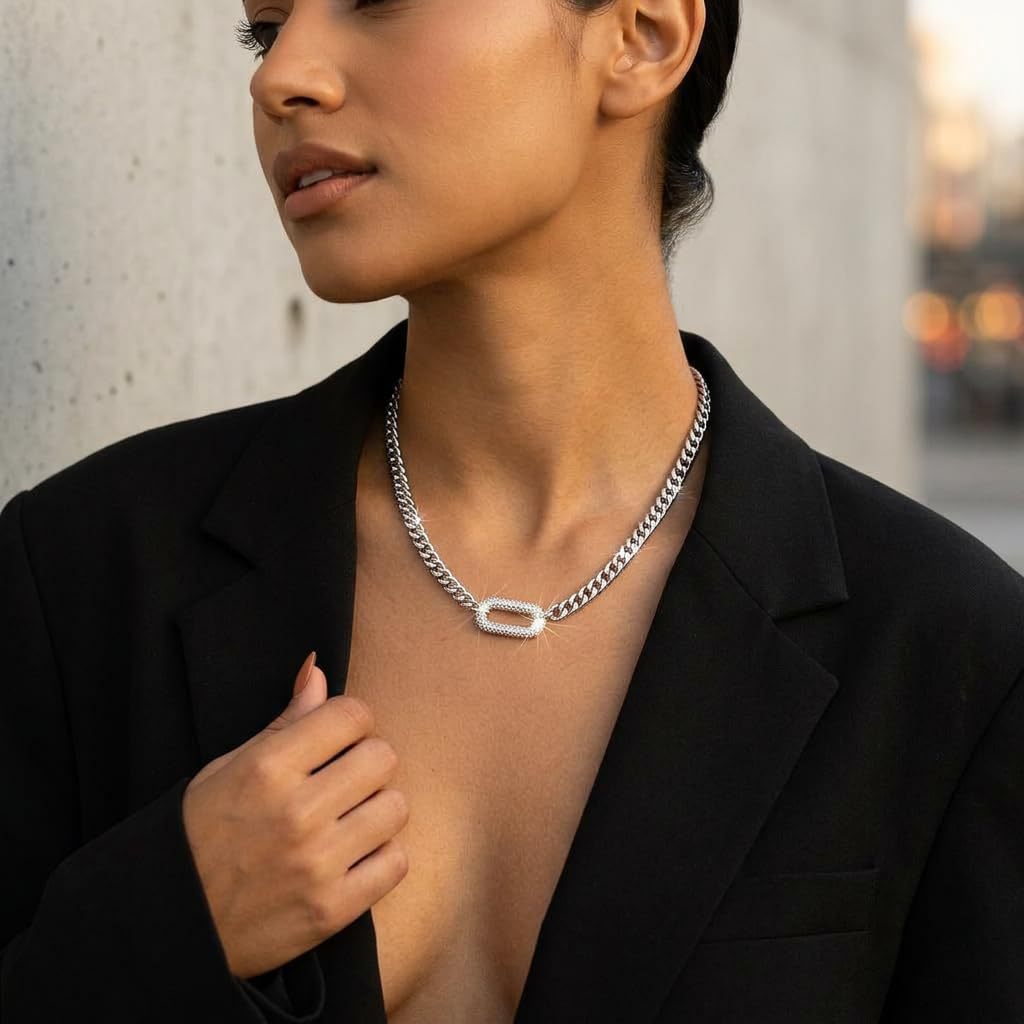 Exaggerated Paper Clip Necklace For Unisex Featuring 304 Stainless Steel With Rhinestones On A Paperclip Chain