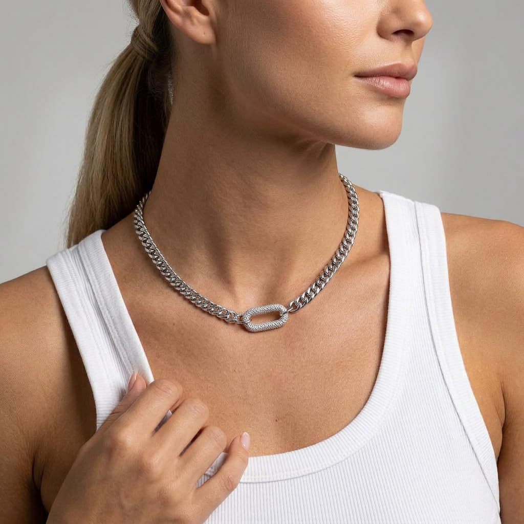 Exaggerated Paper Clip Necklace For Unisex Featuring 304 Stainless Steel With Rhinestones On A Paperclip Chain