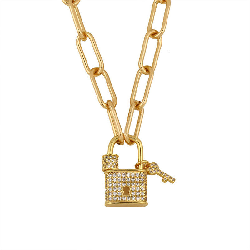 Lock Pendant Necklace In Copper With Real Gold Plated Finish And Zircon Inlay, Featuring A Paperclip Chain