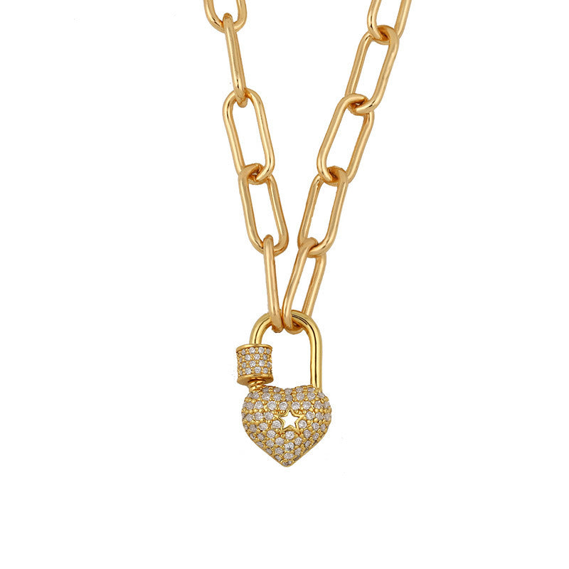 Lock Pendant Necklace In Copper With Real Gold Plated Finish And Zircon Inlay, Featuring A Paperclip Chain