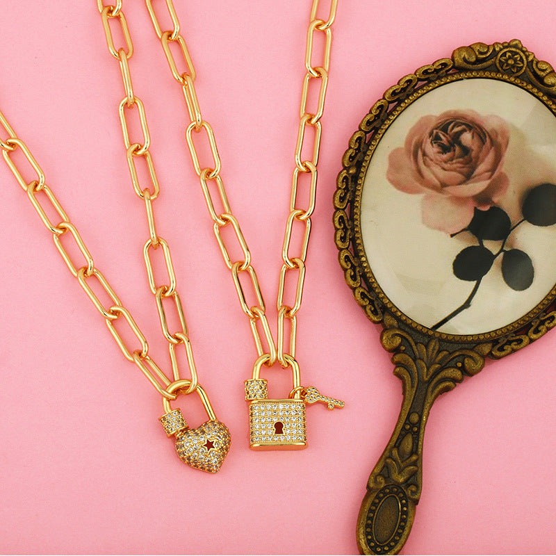Lock Pendant Necklace In Copper With Real Gold Plated Finish And Zircon Inlay, Featuring A Paperclip Chain