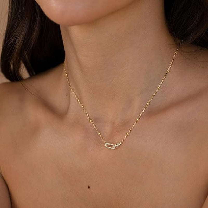 Real Gold Plated Paper Clip Pendant Necklace For Women In Brass With Zircon Inlay